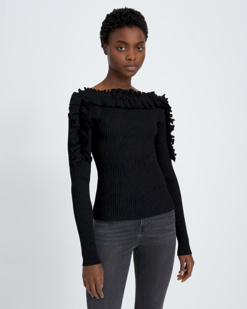 Long Sleeve Ruffle Top In Antique Black