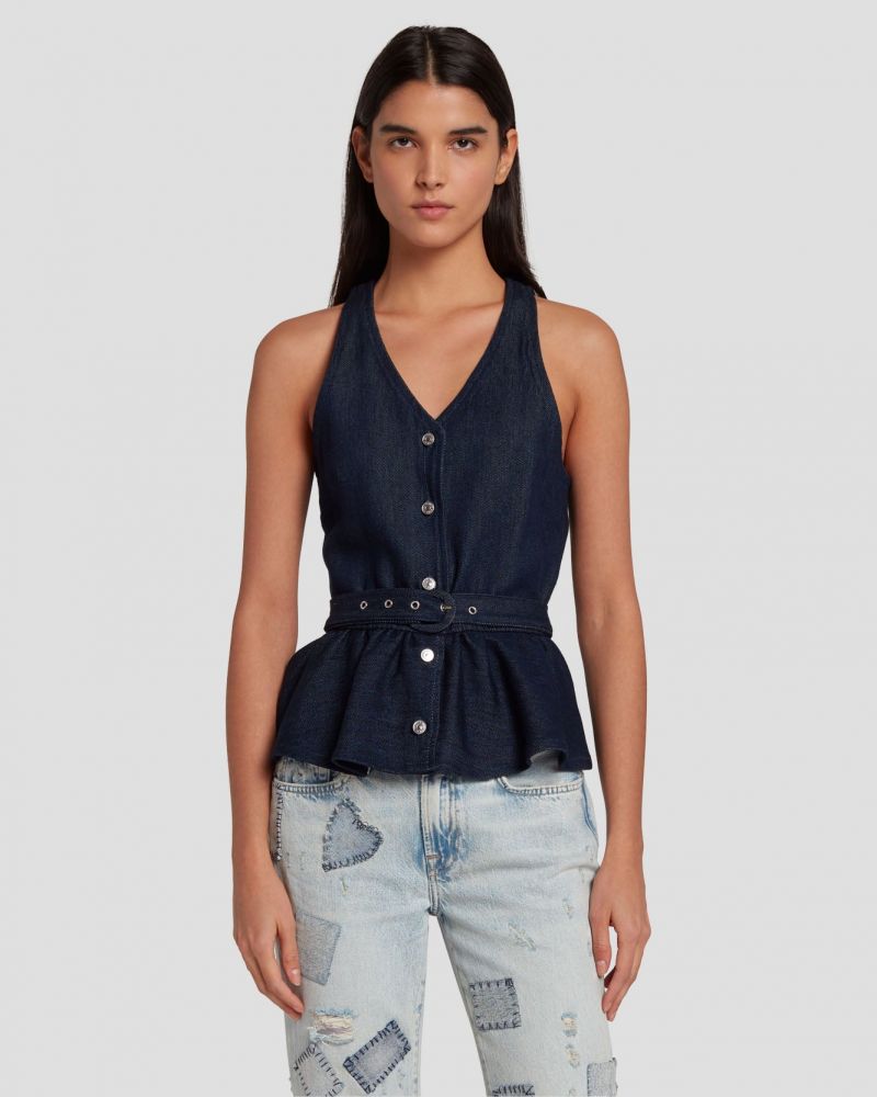 Denim Lustre Tailored Vest In Dark Rinse