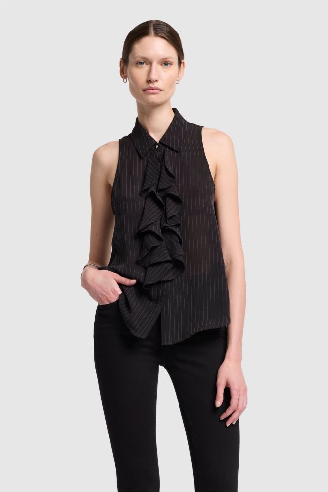 Ruffle Bow Halter Top Silk Viscose Blend Pinstripes